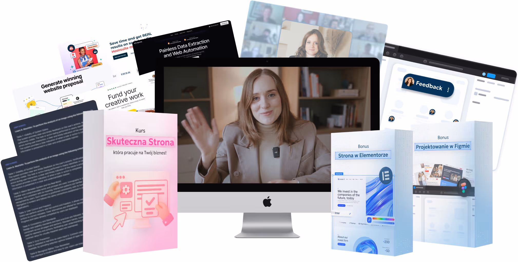 Mockup kursu Skuteczna Strona z bonusami i prowadzącą Marcelą Masiną
